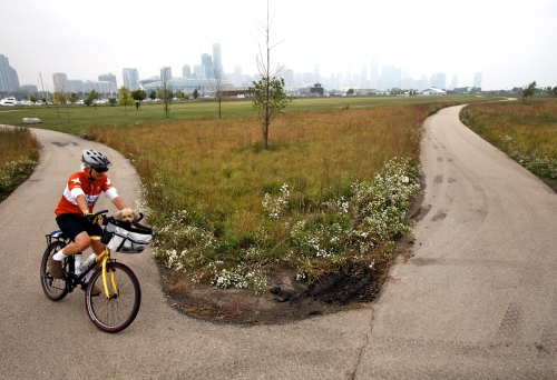 The plus 70 year old blogger riding with his dog on Northerly Island in Chicago.
